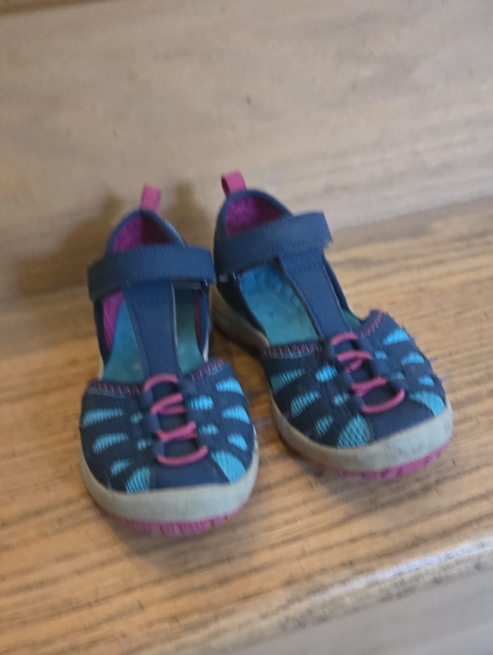 Merrell Navy and Teal Hook-and-Loop Kids Sandals with Pink Accents, 11, Fair